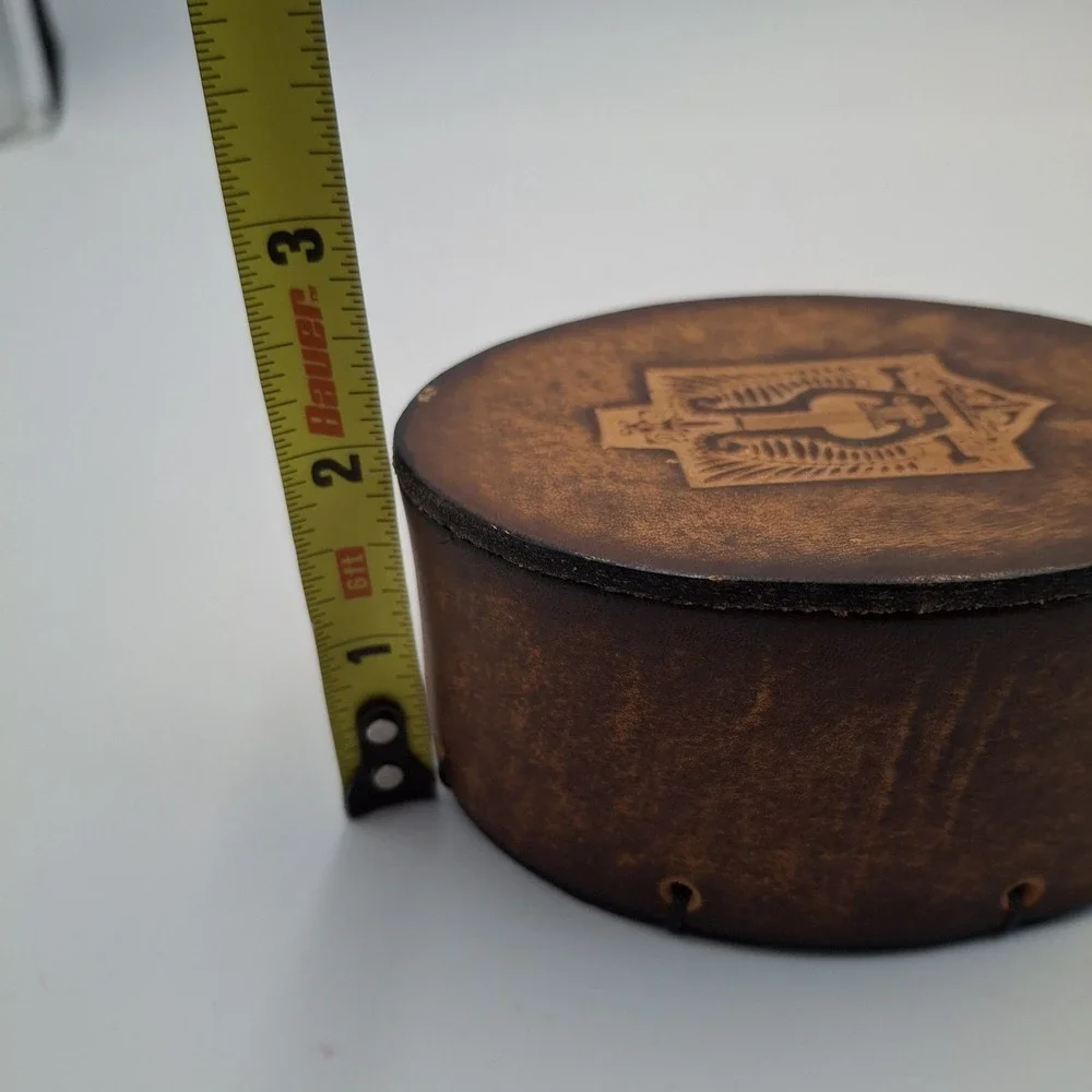 Vintage Leather Trinket Box Embossed Lyre Harp Emblem Red Velvet Lined Biblical